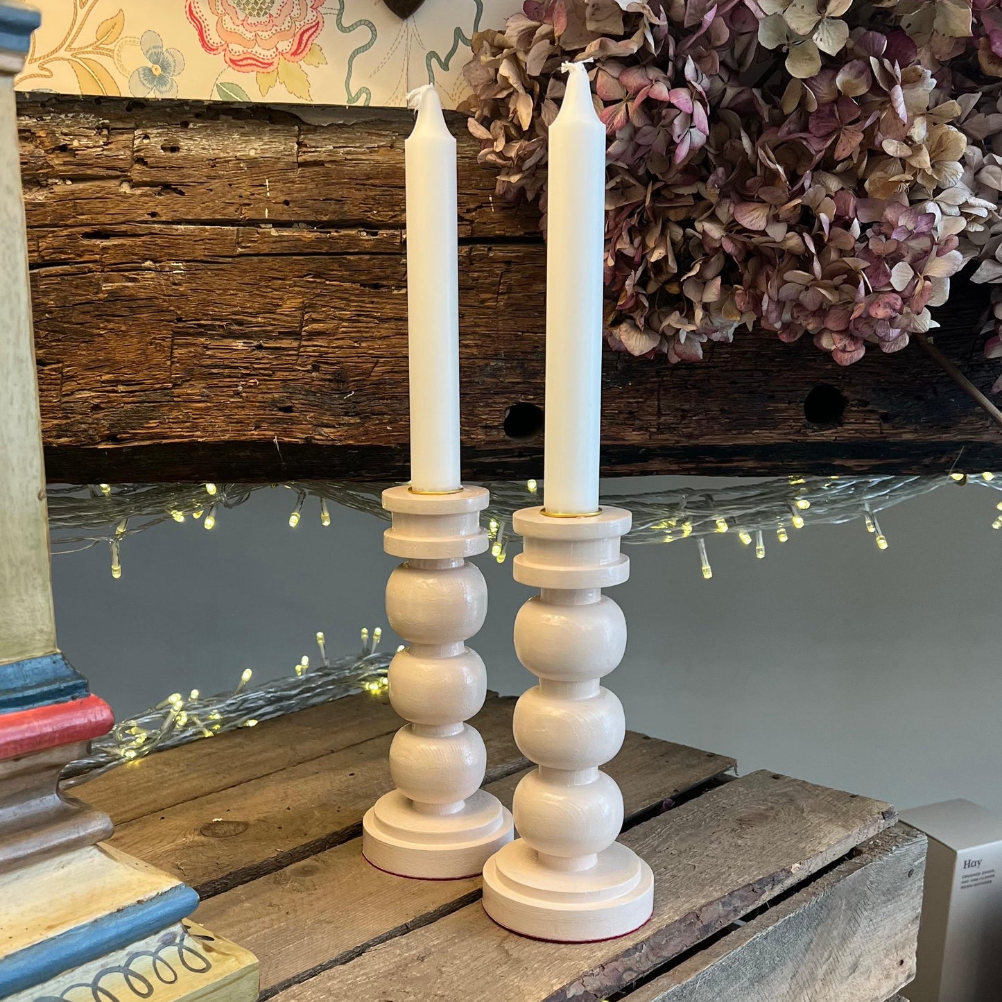Handmade Bobbin Candle Holder Pair - Pink