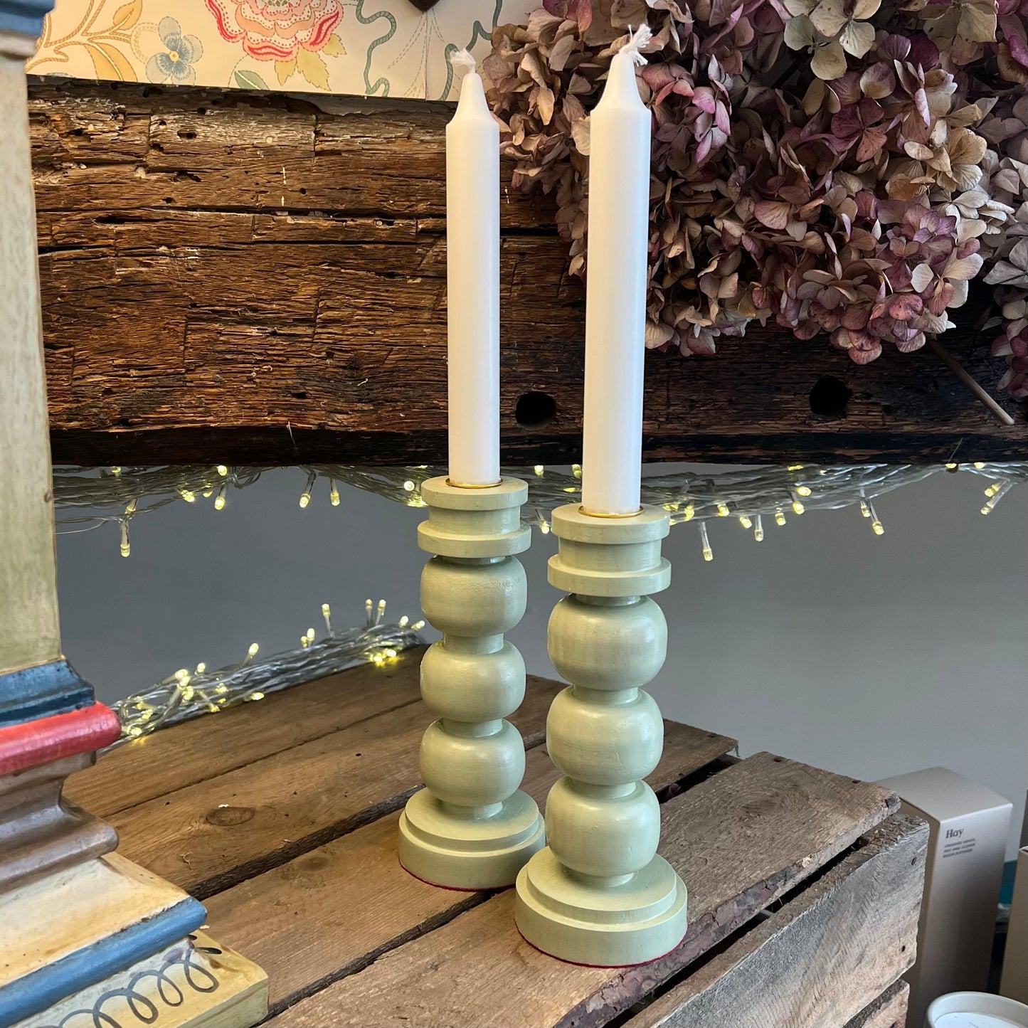Hand made Bobbin Candle Holder Pair - Green