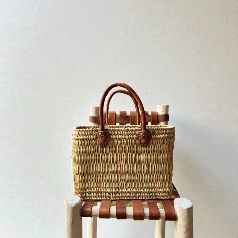 Reed Basket with Leather Handles - Medium
