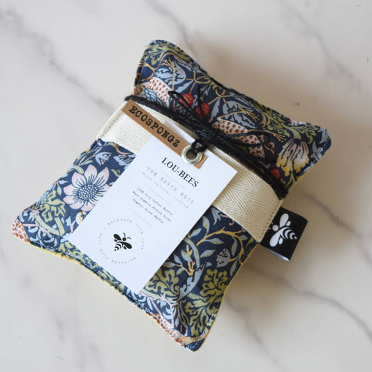 William Morris & Striped Linen Kitchen Sponge: Strawberry Thief