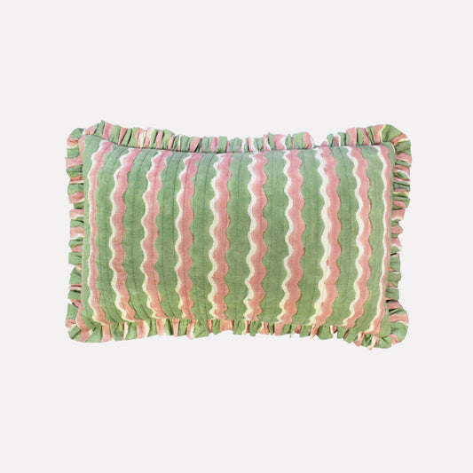Cotton Quilted Frill Cushion Cover | Whirly Mint | Small