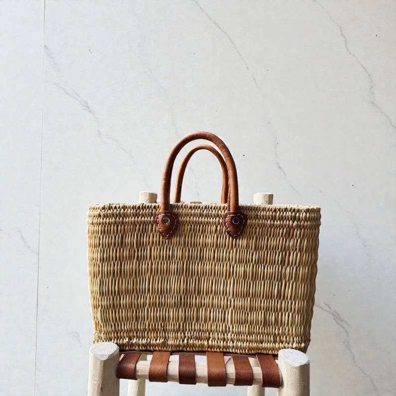 Reed Basket with Leather Handles - Medium