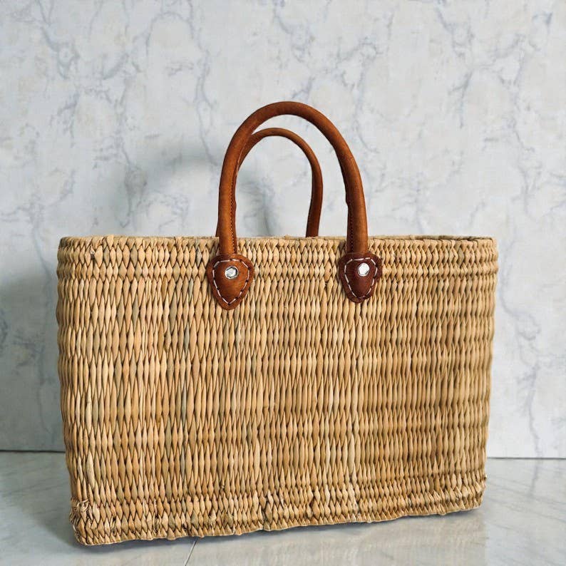 Reed Basket with Leather Handles - Medium