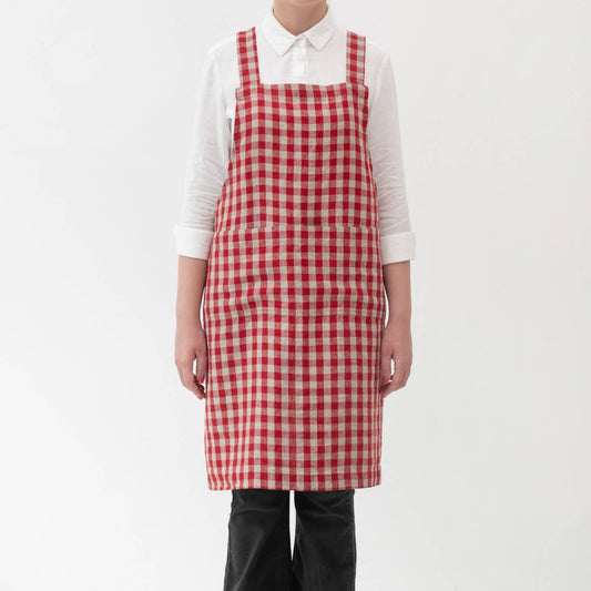 Red Gingham Linen Japanese Crossback Apron