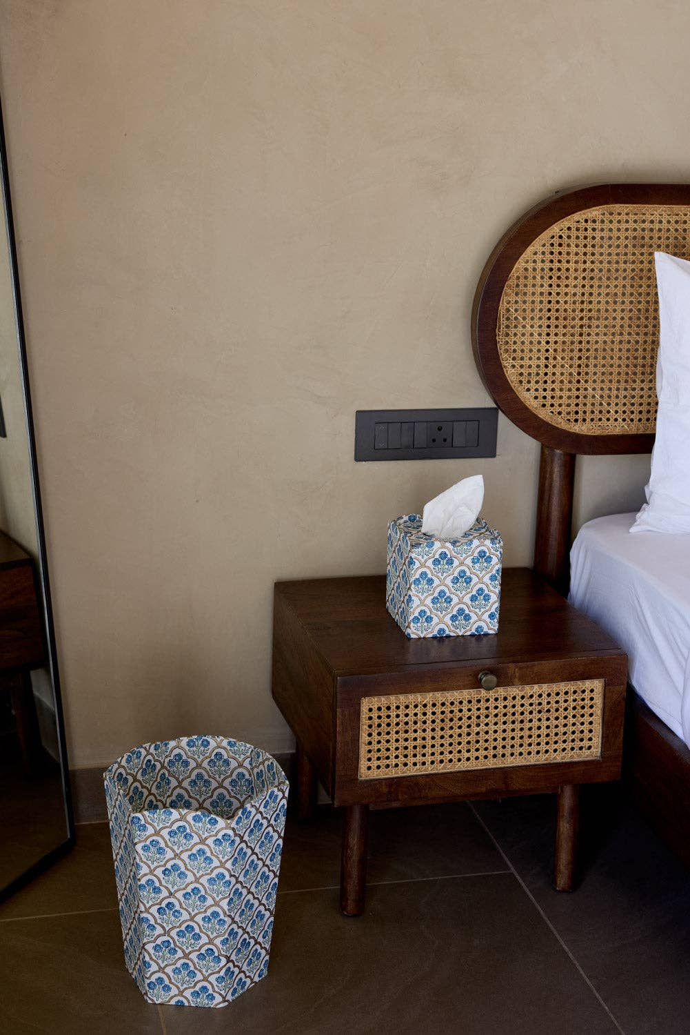 Block Printed Waste Paper Basket - Trellis Indigo