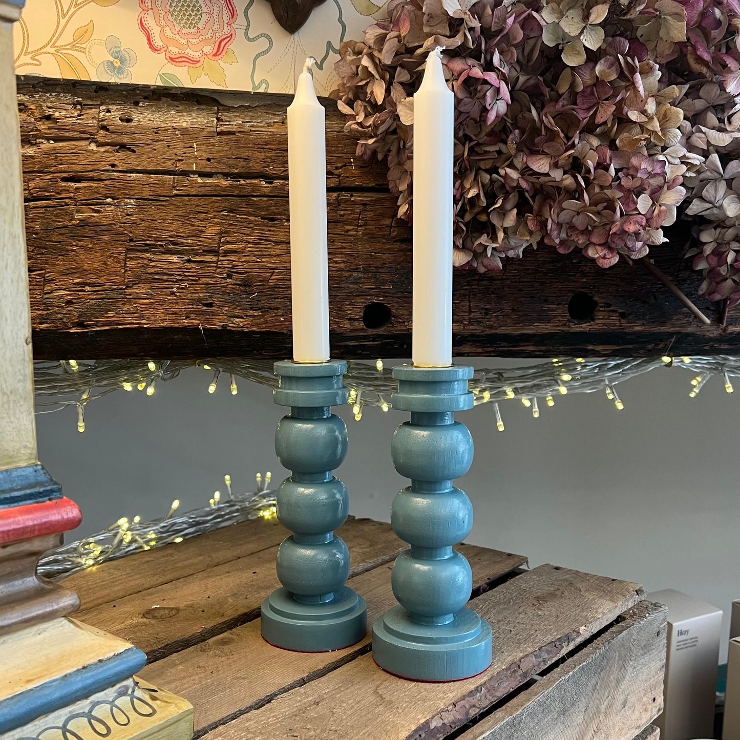 Hand made Bobbin Candle Holder Pair - Blue