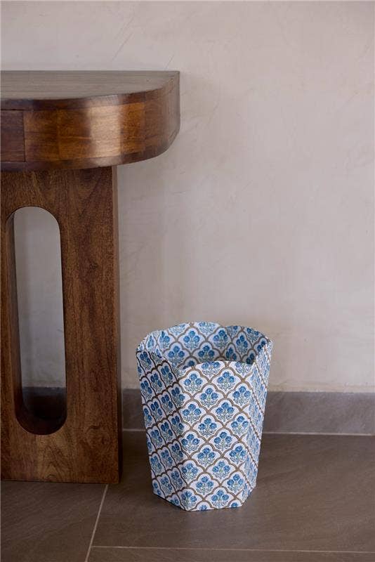 Block Printed Waste Paper Basket - Trellis Indigo