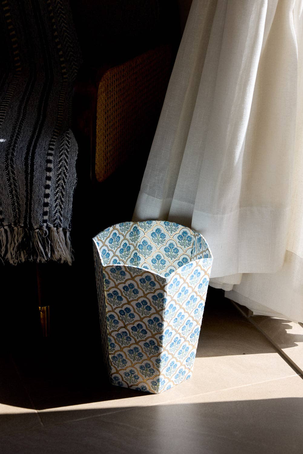 Block Printed Waste Paper Basket - Trellis Indigo