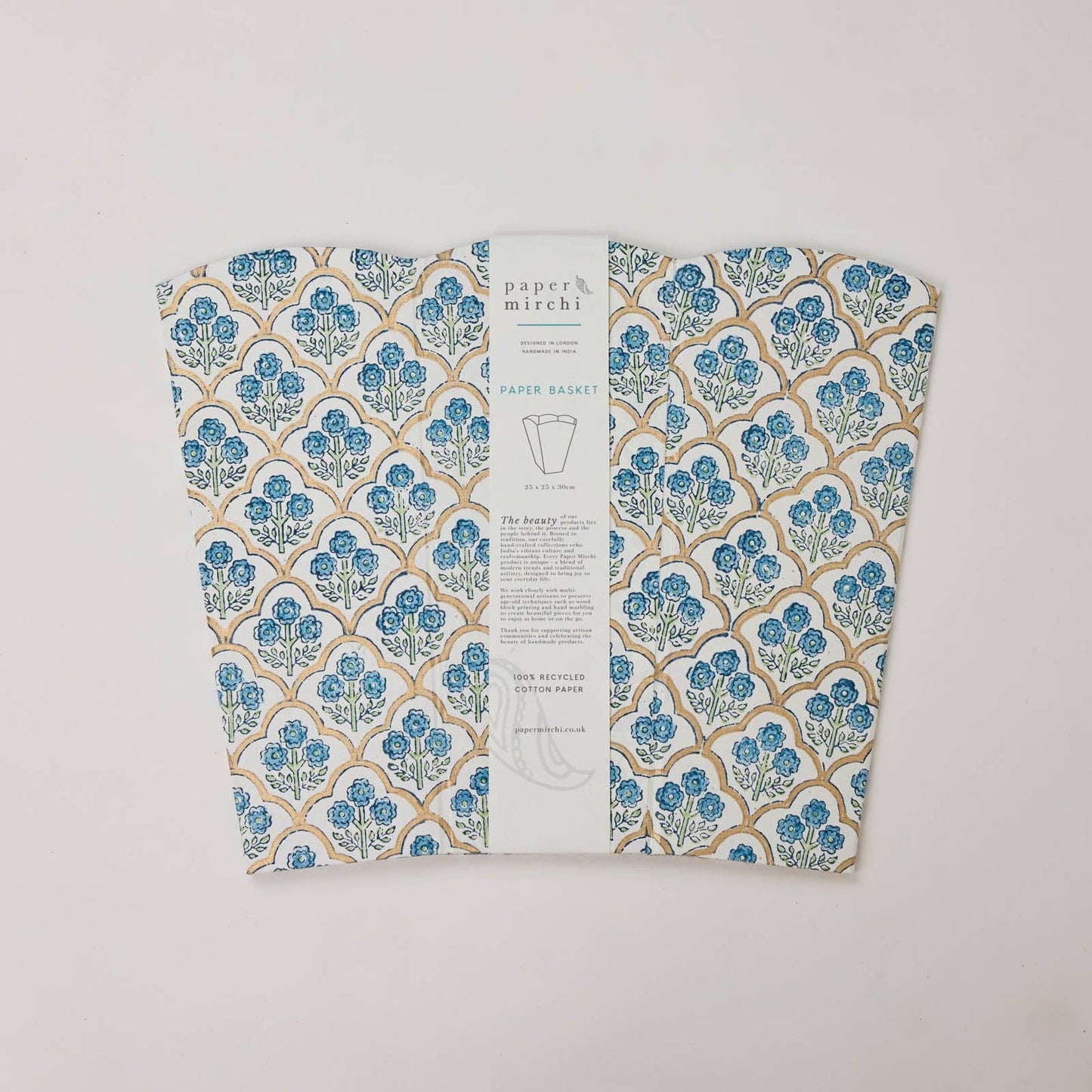 Block Printed Waste Paper Basket - Trellis Indigo