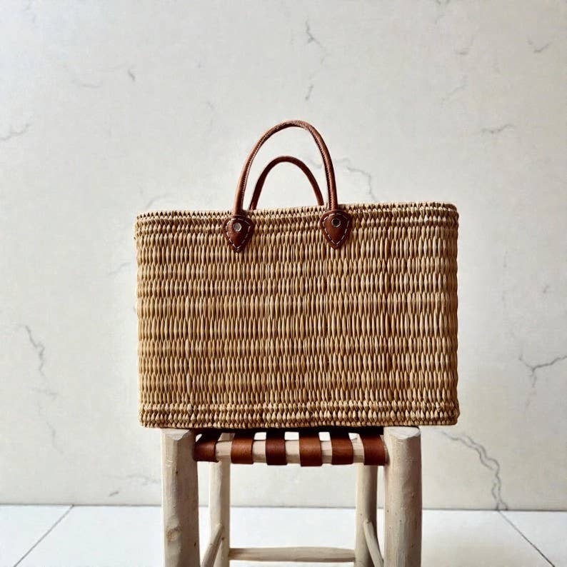 Reed Basket with Leather Handles - Medium